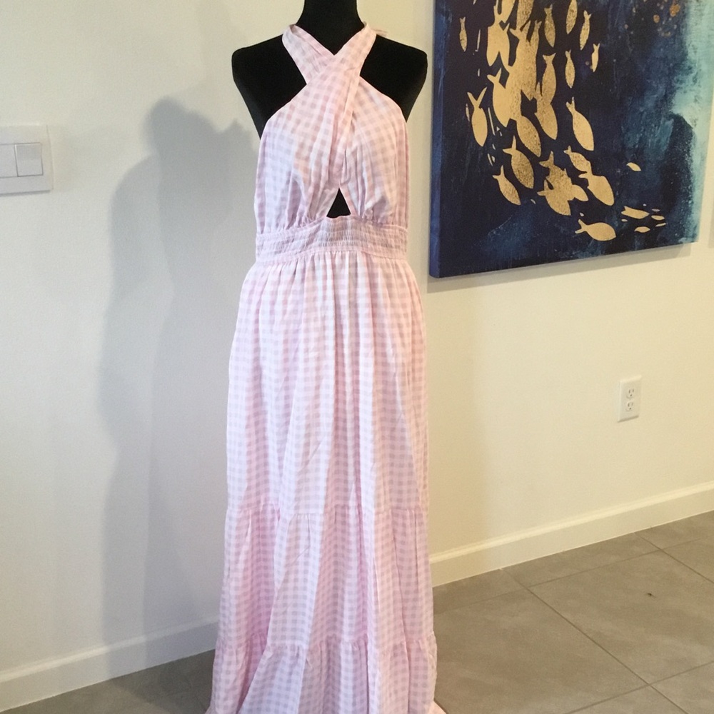 Pink Gingham Halter Maxi Dress